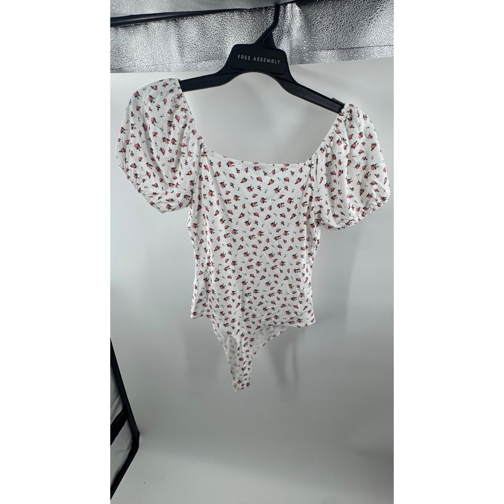 Celebrity Pink Floral Puff Sleeve Bodysuit White Pink Cottagecore Square Neck M